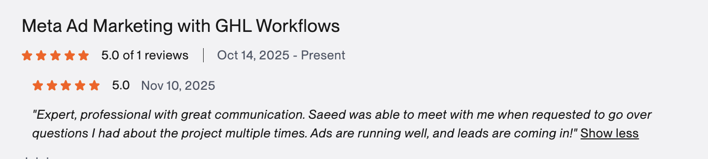 Verified Upwork review: Meta Ad Marketing with GHL Workflows, 5.0 stars