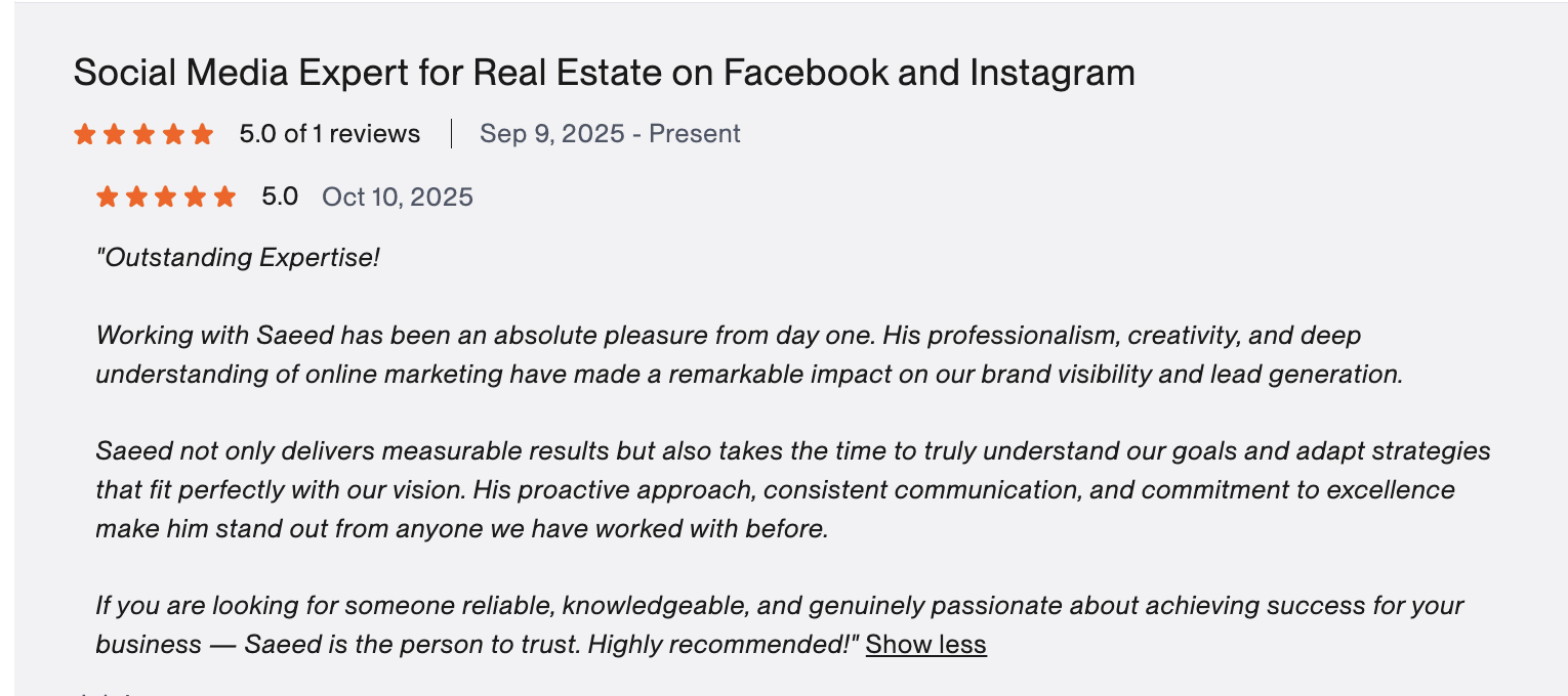 Verified Upwork review: Social Media Expert for Real Estate on Facebook and Instagram, 5.0 stars