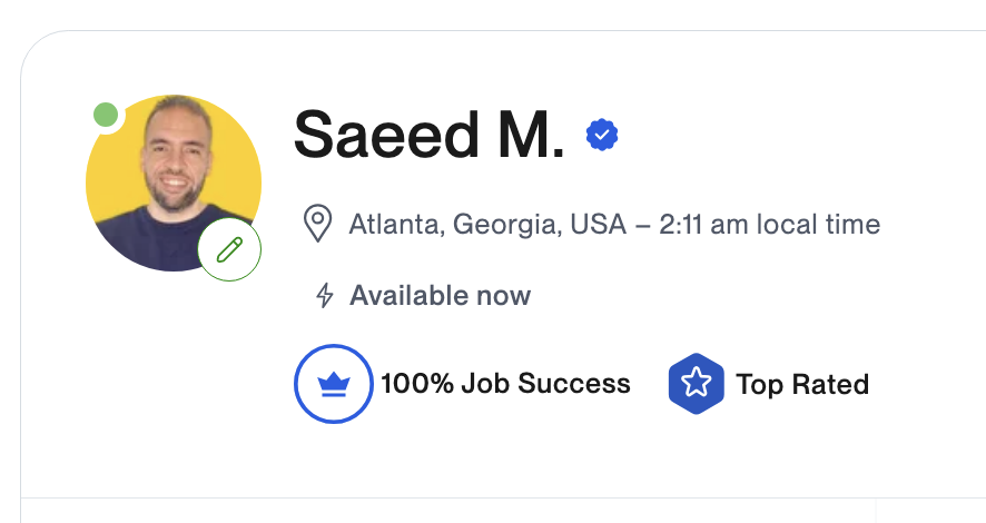 Saeed M. — verified Upwork profile header showing 100% Job Success and Top Rated badge