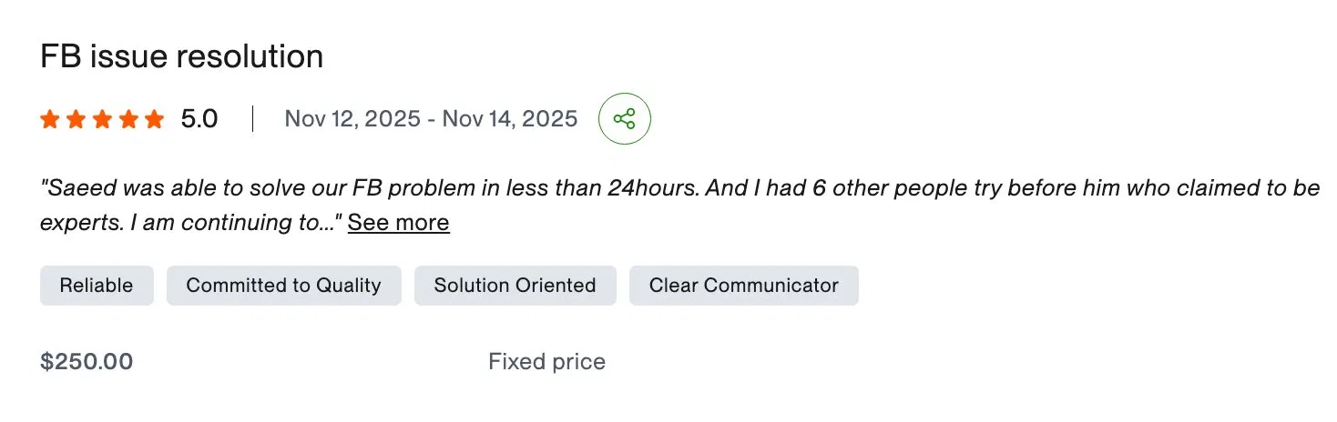 Verified Upwork review: FB issue resolution, 5.0 stars
