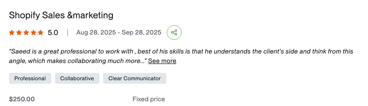 Verified Upwork review: Shopify Sales & Marketing, 5.0 stars