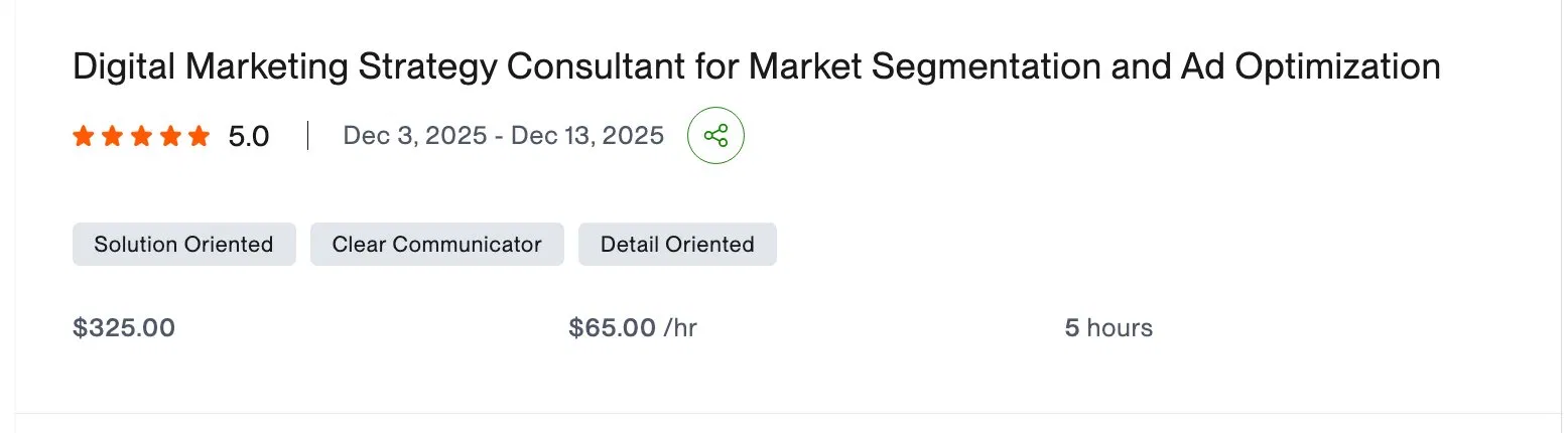 Verified Upwork engagement: Digital Marketing Strategy Consultant, 5.0 stars